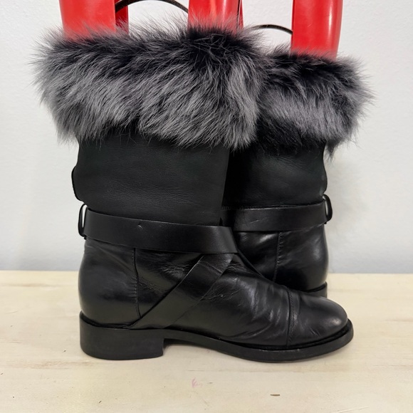 Pollini Black Leather Boots With Gray Fur Trim Size 36 - Picture 2 of 10
